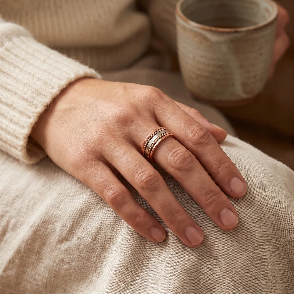Bague en cuivre, cordons torsadés dorés, réglable, portée au doigt