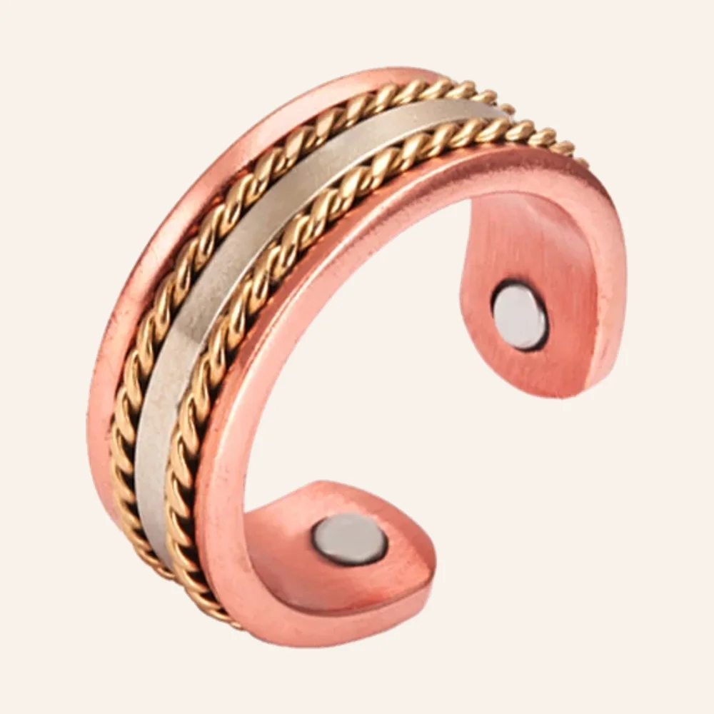 Bague ouverte en cuivre rosé à deux fils torsadés dorés bordant une bande argentée, pastilles rondes aux extrémités