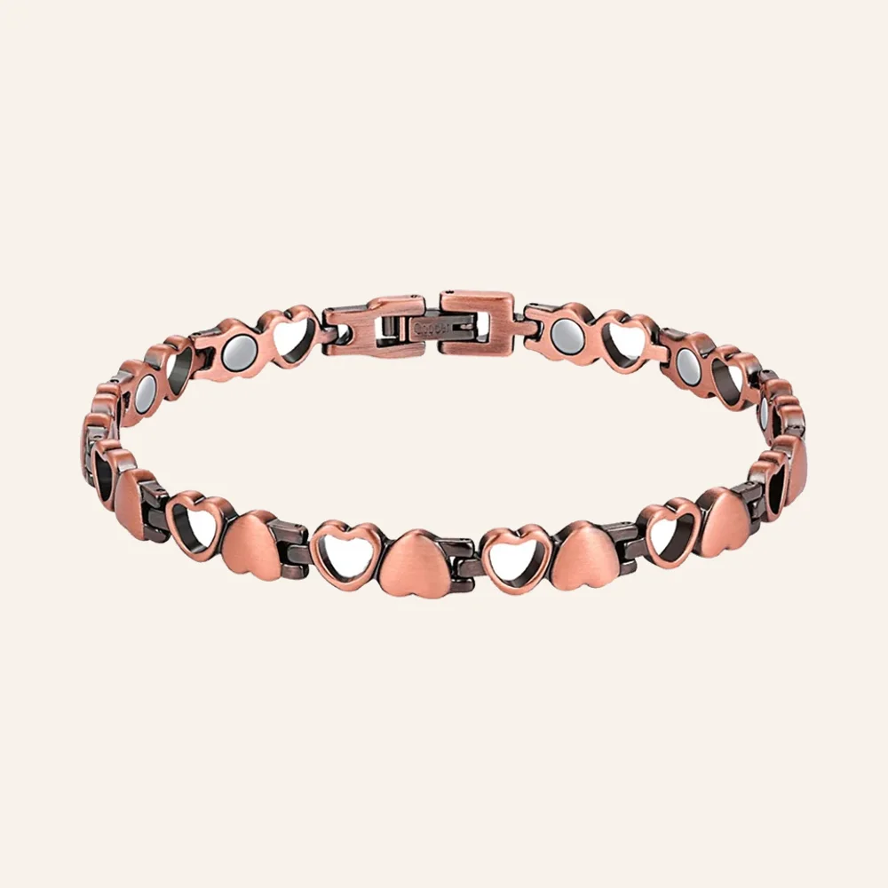 Chaîne de cheville en cuivre rose, maillons en forme de cœurs pleins et évidés, pastilles claires Chaîne de cheville en cuivre rose, maillons en forme de cœurs pleins et évidés, pastilles claires