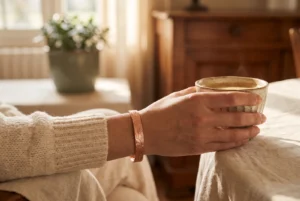 Jonc en cuivre fin porté au poignet d'une femme tenant une tasse
