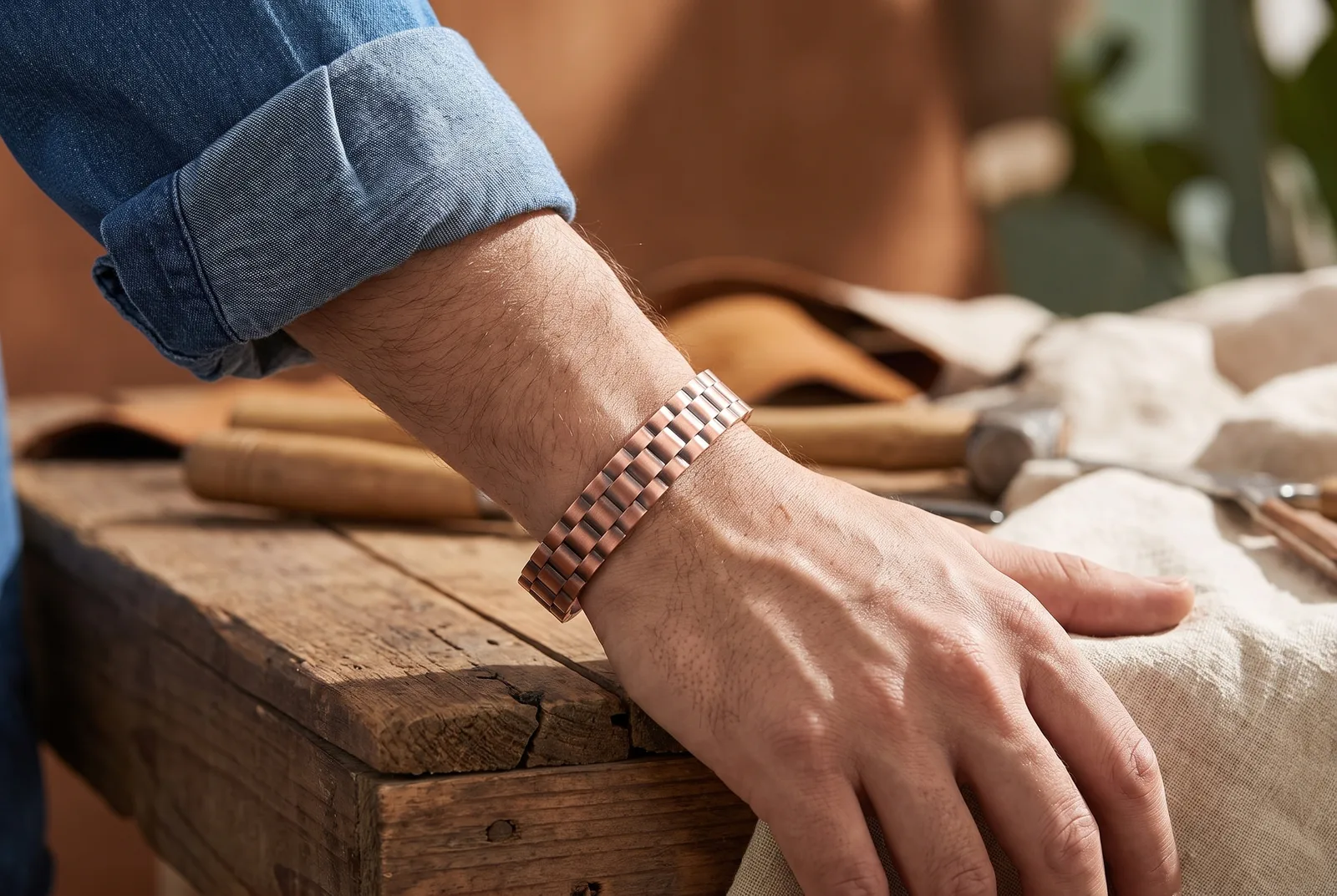 Bracelet en cuivre à maillons porté au poignet d'un homme, chemise en jean