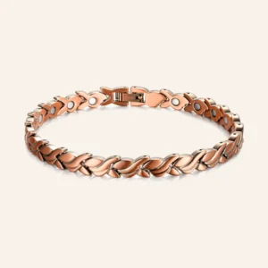 Bracelet en cuivre rosé à maillons feuilles croisées, pastilles rondes claires et fermoir à clip