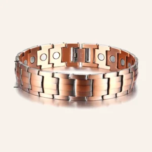 Bracelet large en cuivre rosé mat à maillons bombés en H, fermoir à clip, pastilles rondes intérieures