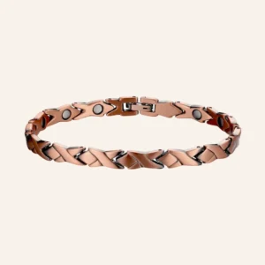 Bracelet en cuivre à maillons en X croisés avec pastilles rondes et fermoir à clip central