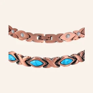 Collier à maillons en cuivre patiné, motifs entrecroisés et pierres ovales bleu turquoise, fermoir à clip