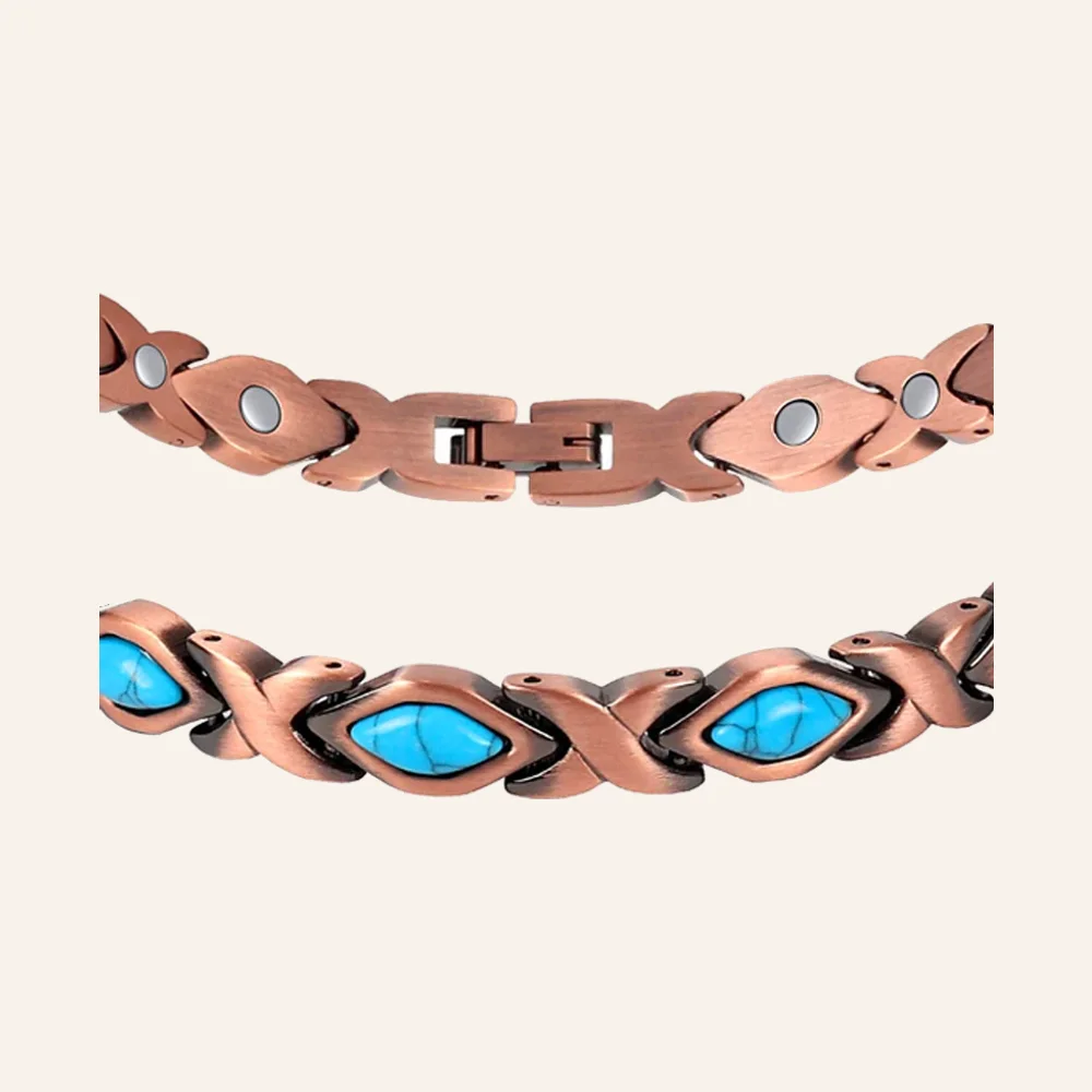 Collier à maillons en cuivre patiné, motifs entrecroisés et pierres ovales bleu turquoise, fermoir à clip Collier à maillons en cuivre patiné, motifs entrecroisés et pierres ovales bleu turquoise, fermoir à clip