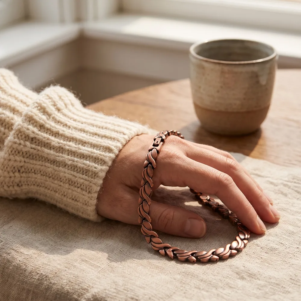 Collier en cuivre à maillons entrelacés en vagues, porté au cou
