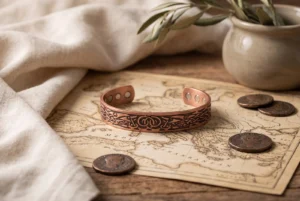 Jonc en cuivre aux dragons celtiques posé sur une carte ancienne avec des pièces de cuivre