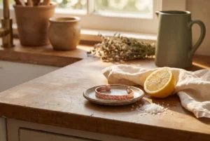 Jonc en cuivre martelé dans une coupelle, à côté d'un demi-citron et de gros sel